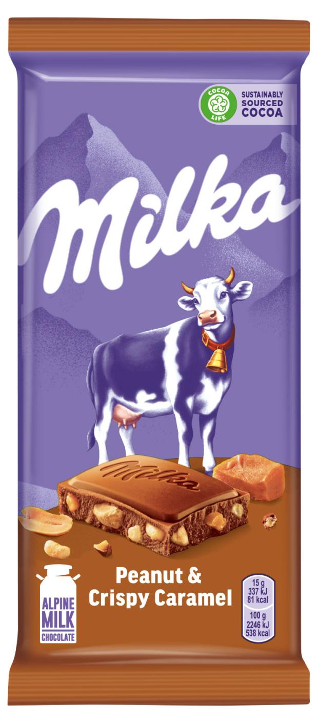 фото Шоколад молочный milka с арахисом карамелью шариками и хлопьями, 90 г