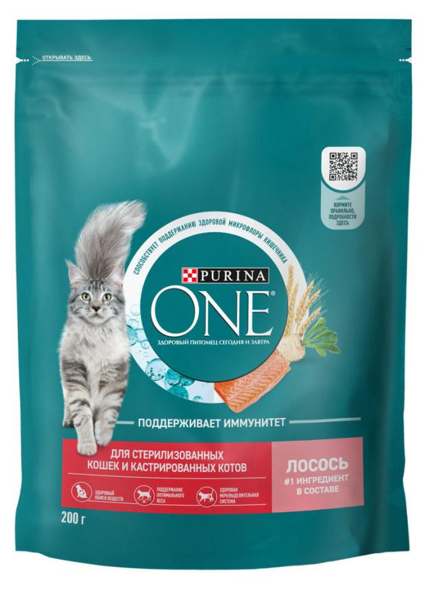 Сухой корм Purina ONE для стерилизованных кошек и кастрированных котов с лососем, 200 г