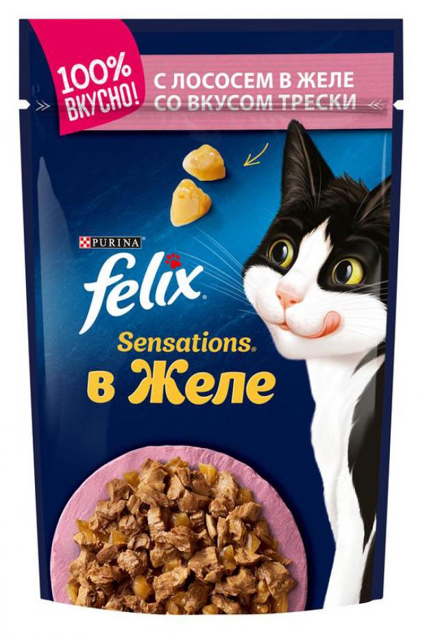 фото Корм для кошек felix sensation лосось в желе со вкусом трески, 85 г (мин. 10 шт)