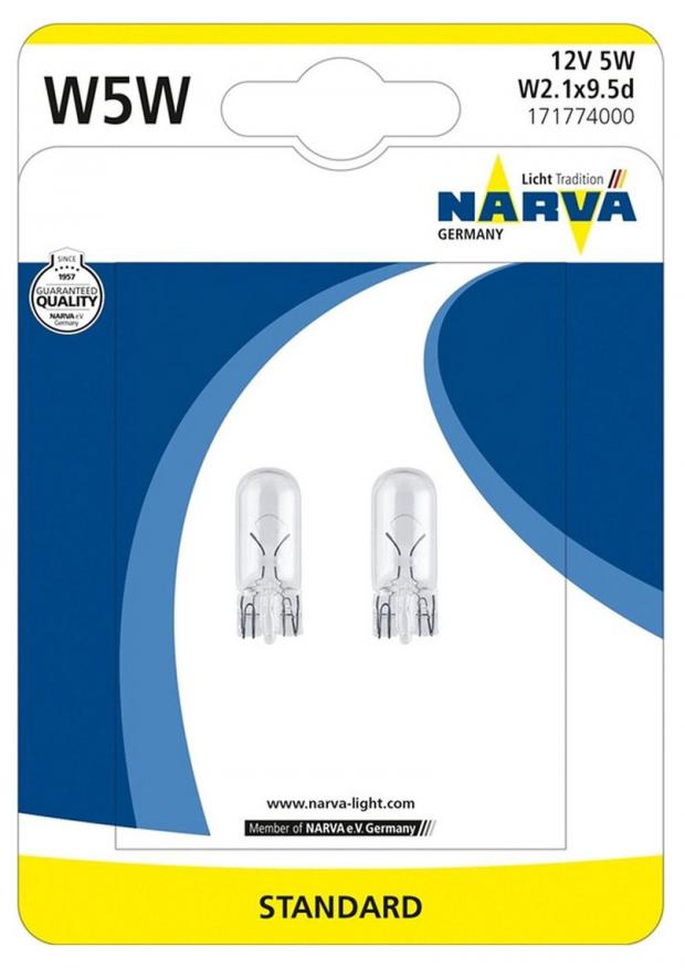 

Лампа галогенная Narva W5W 12V-5W W2.1x9.5d