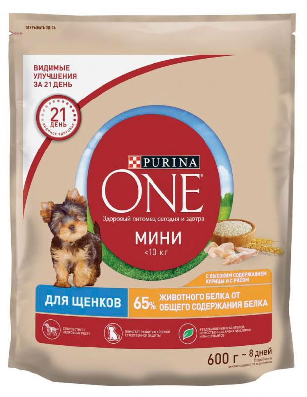 фото Корм для щенков purina one mini сухой для мелких пород курица и рис, 600 г