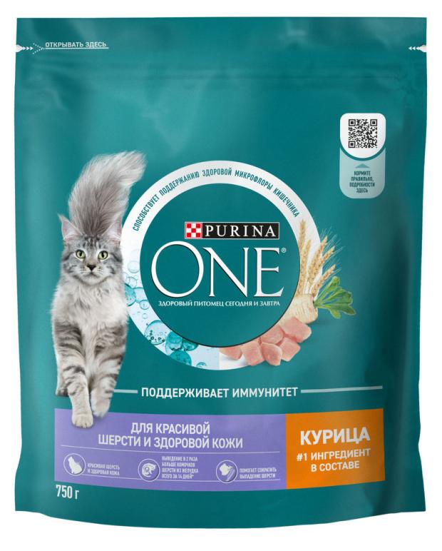 Сухой корм для кошек Purina ONE для красивой шерсти здоровой кожи и контроля образования волосяных комков с курицей, 750 г