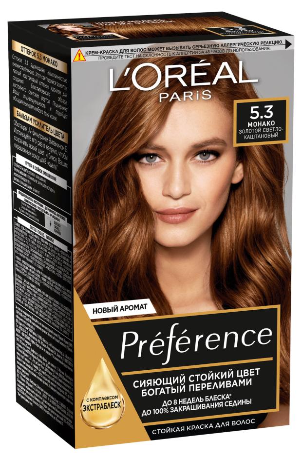 

Краска-уход для волос L'Oreal Paris Стойкая Preference оттенок 5.3 Монако Золотой Светло-Каштановый