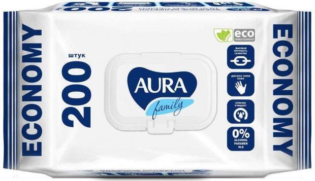 Влажные салфетки Aura Family Big-pack для всей семьи с крышкой, 200 шт