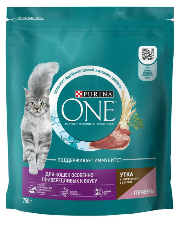 фото Сухой корм для кошек purina one для особенно привередливых к вкусу с уткой и печенью, 750 г